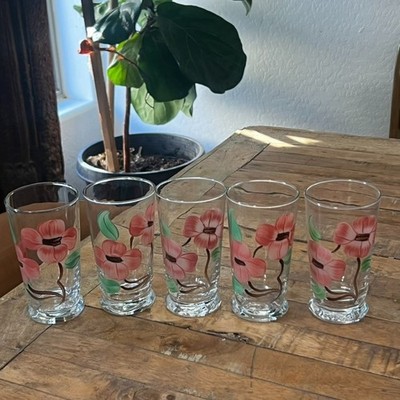 Set of 5 Libbey Hand Painted Desert Rose Style Glasses Tumblers