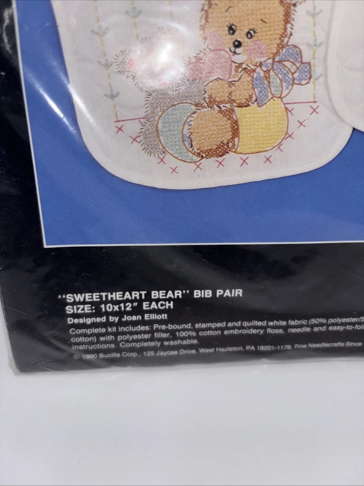 Vintage Bucilla #40449 SWEETHEART BEAR Stamped Cross Stitch Bibs Pair Kit SEALED - Image 3 of 4
