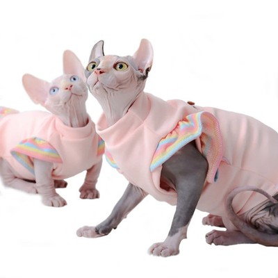 Sphynx Hairless Cat Clothes for Spring Autumn, Cute Rainbow Ruffles Sleeve Cotto