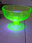 Uranium Green Depression Glass Sherbet Ice Cream Dish Ribbon Pattern Glowing