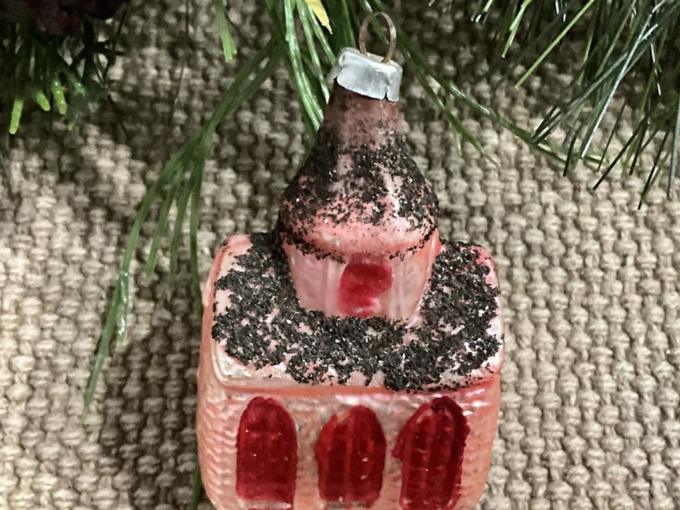 复古西德吹制玻璃圣诞装饰品粉色教堂黑色云母 — 第 2/4 张图片