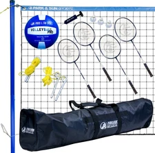 Volley Sport Combo Set: Portable Outdoor Badminton/Volleyball Net System, Blu...