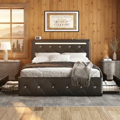 Queen Full Size Bed Frame with LED Light and 4 Storage Drawers ,Charging Station