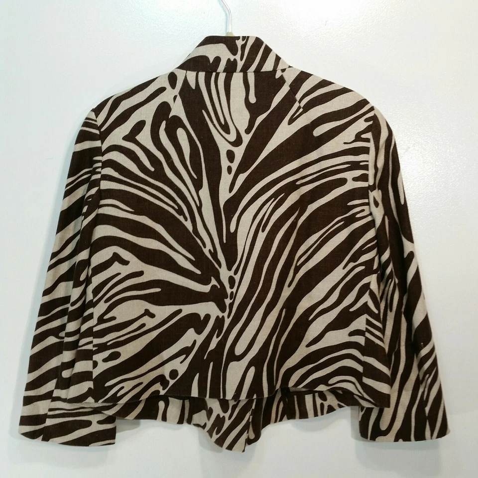 Michael Kors Womens Blazer Sz 2 Zebra Animal Print Linen 3/4 Sleeve Tweed Jacket - Image 4 of 4