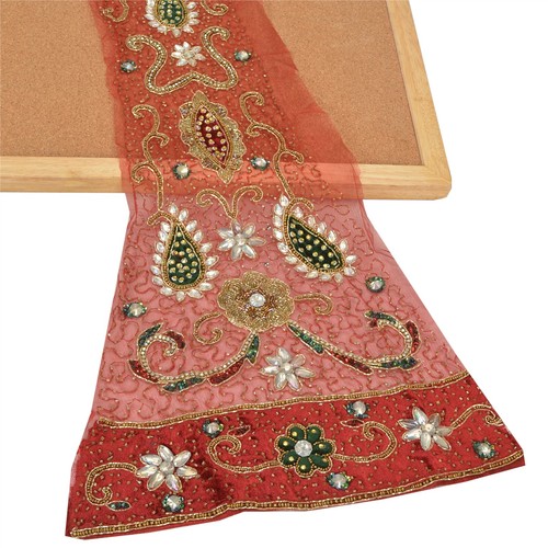 Sanskriti Vintage Design Fabric Hand Beaded Indian Craft Maroon Glass Sequins - Picture 8 of 10