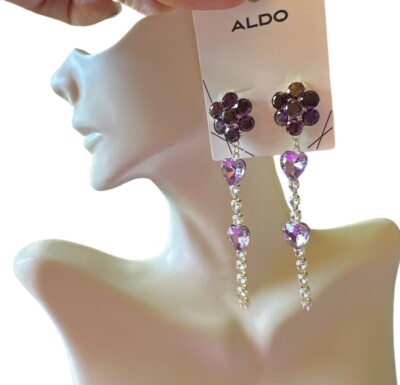 Aldo earrings gold tone purple heart crystal diamond paved long