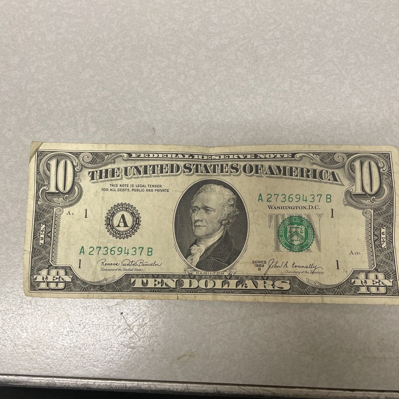 1969 $10 Ten Dollar Bill Federal Reserve Note  Vintage Rare Over 57 Years Old!