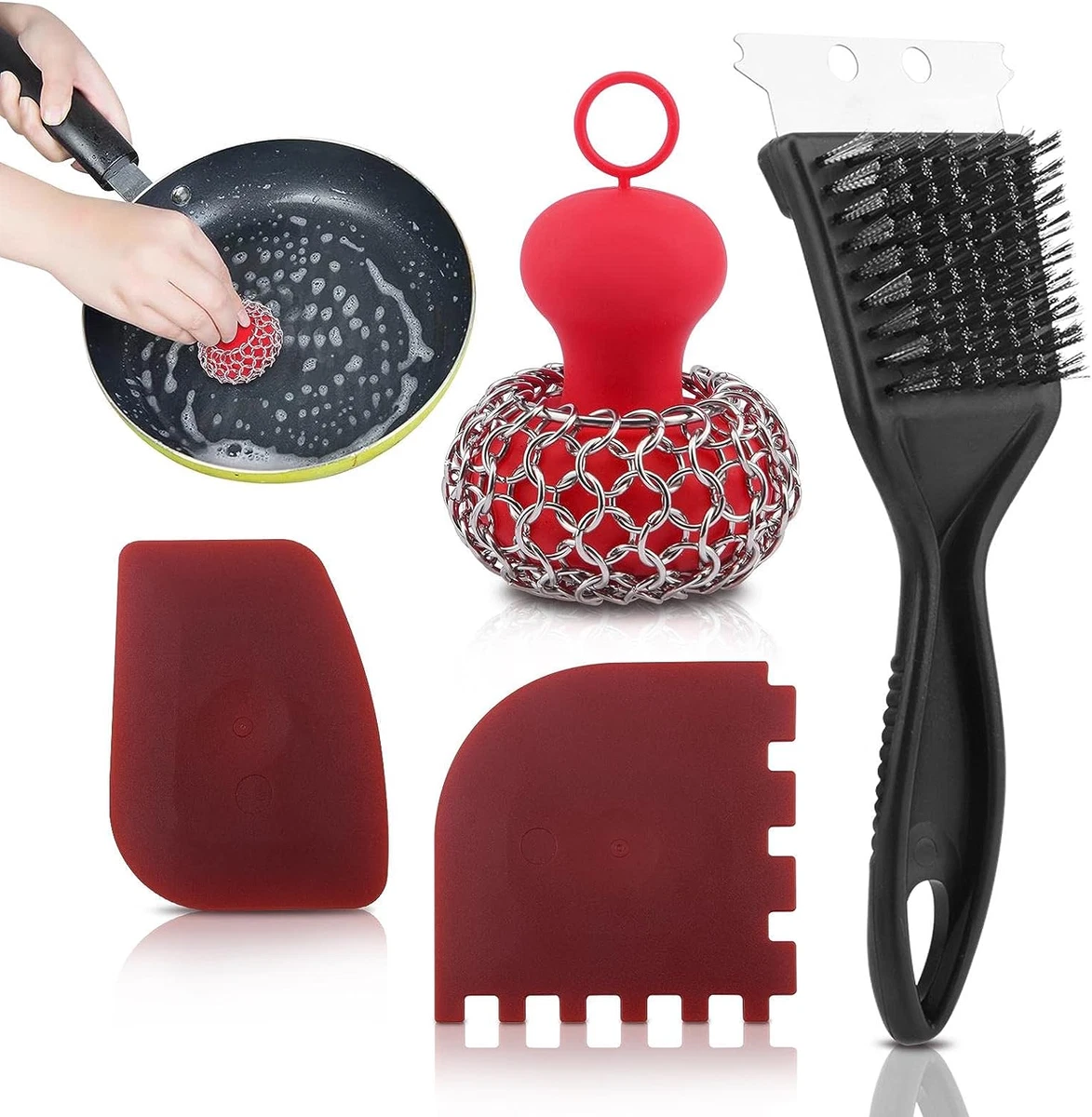 Cast Iron Scrubber + Pan Scraper + Grill Brush, Cast Iron Cleaner with  Ergonomic