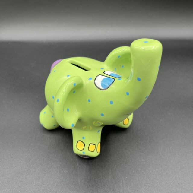 GANZ Ceramic Lime Green Elephant with My Blue Polkadots Coin Money Bank By Pati