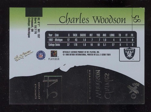 #58 Charles Woodson Rookie RC 1998 SkyBox E-X2001 Oakland Raiders NFL FOOTBALL - Picture 2 of 2