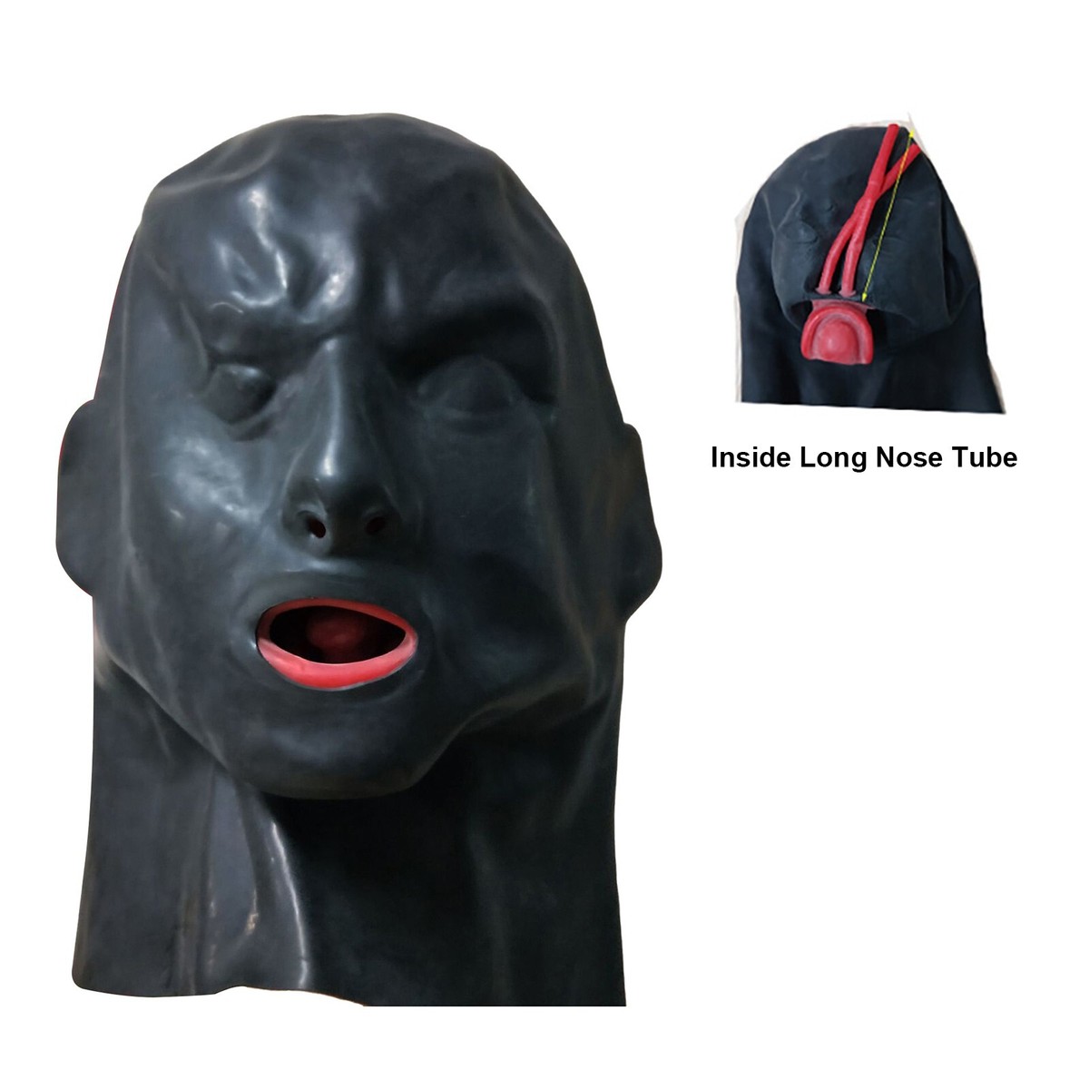 Black Latex Mask with Red Teeth Gag 13cm Nose Tube 1.0mm Thick
