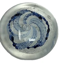 Paperweight Clear w/Blue handcrafted Swirl Bubbles Art Glass  3.5”W x 2"