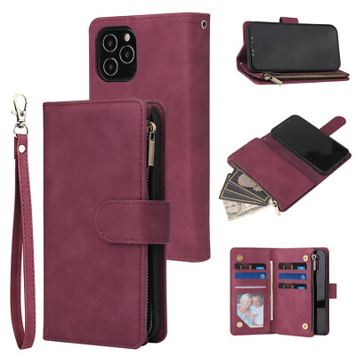 Zipper Leather Wallet Flip Stand Phone Case For iPhone 15 Pro Max 14 13 12 11 XS