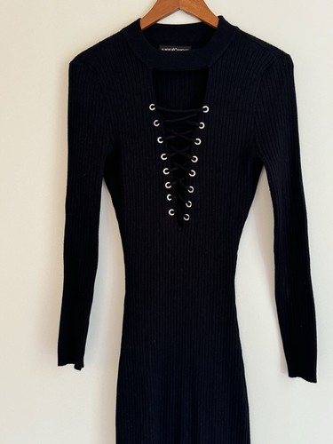 Almost Famous Black Ribbed Open Cheat Long sleeve Dress Size L - Picture 5 of 8