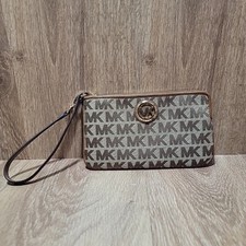 Michael Kors MK Signature Monogram Convertible Brown Canvas Wristlet Bag Purse