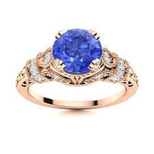5MM Round Tanzanite 925 Sterling Silver Rose Plated Solitare With Accents Ring