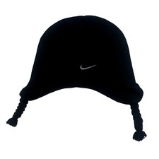 Nike Toddler Black Knit Earflap Beanie Hat Embroidered Swoosh Braided Tassels
