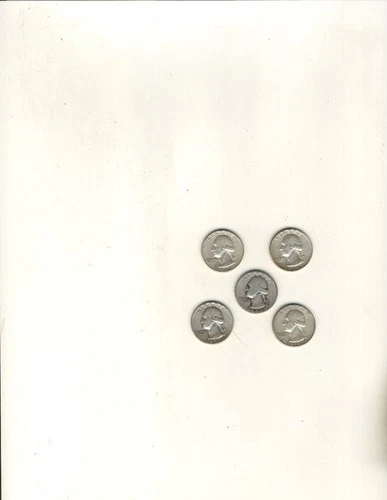 5 Washington Quarters, 1944,1957, 1960, 1962 , 1964, Good Condition ,90% Silver
