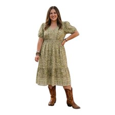 Anthropologie Lea Maxi Dress 2X Green Floral Babydoll Peasant Earthy Cottagecore