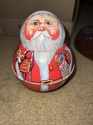 Vtg Roly Poly Santa Claus Christmas Tobacco Cookie Tin Ole St. Nick 80 s