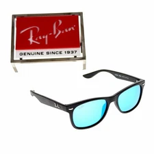 RAY-BAN JUNIOR WAYFARER SUNGLASSES GLOSS BLACK BLUE MIRROR RJ 9052S 100S/55