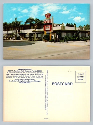 Sarasota, FL-Florida, Imperial Motel Route 41 Neon Sign Palms Vintage Postcard