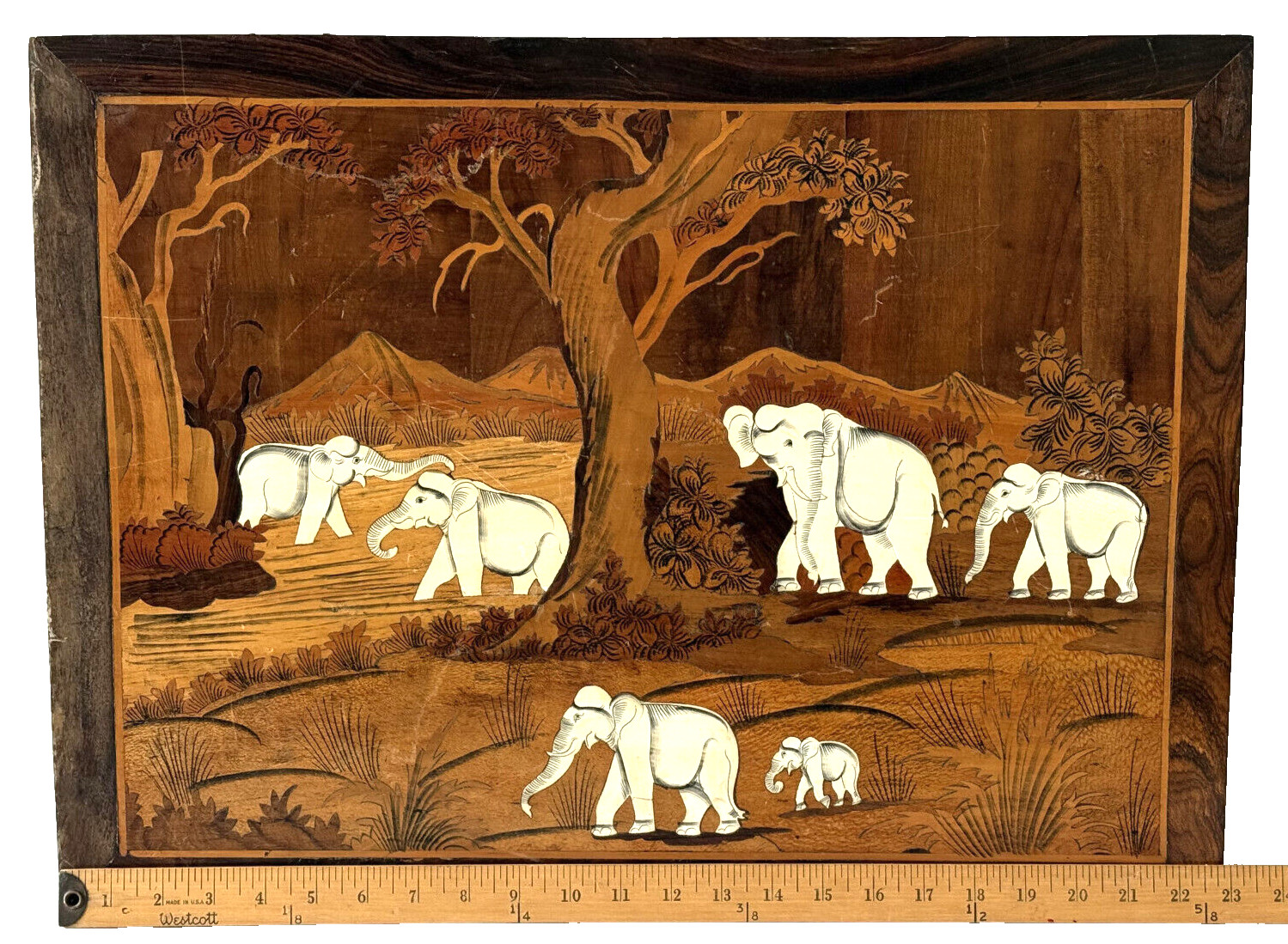 Mysore Elephant Family Wood Inlay Art Indian Hand Crafted Marquetry Panel