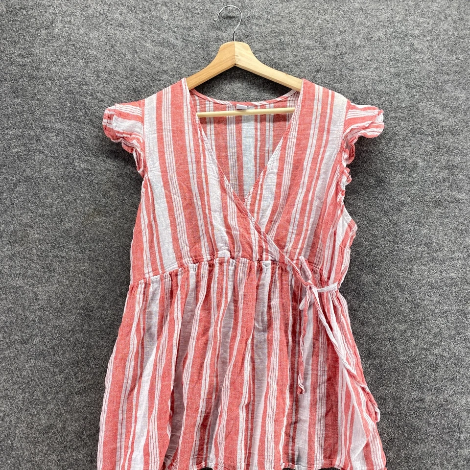 Blusa Antigua Azul Marino Mujer XL Maternidad Rosa Rayas Cuello en V Lino Atar Manga Corta Foto 3 de 4