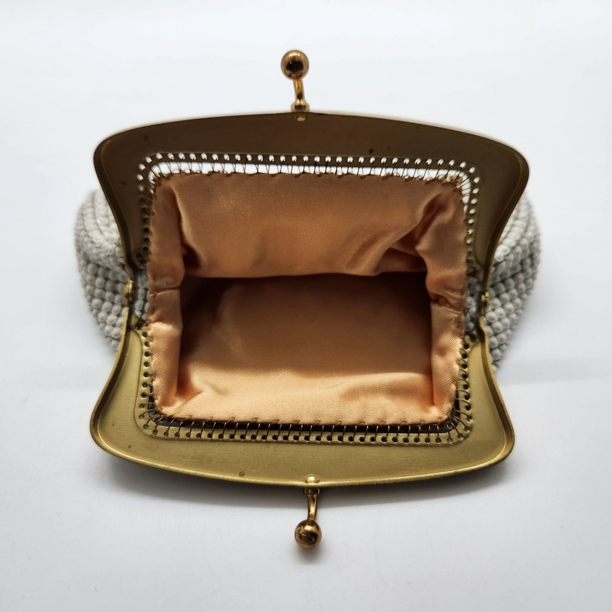 Vintage Oroton White Mesh Coin Purse Gold Frame Peach Satin