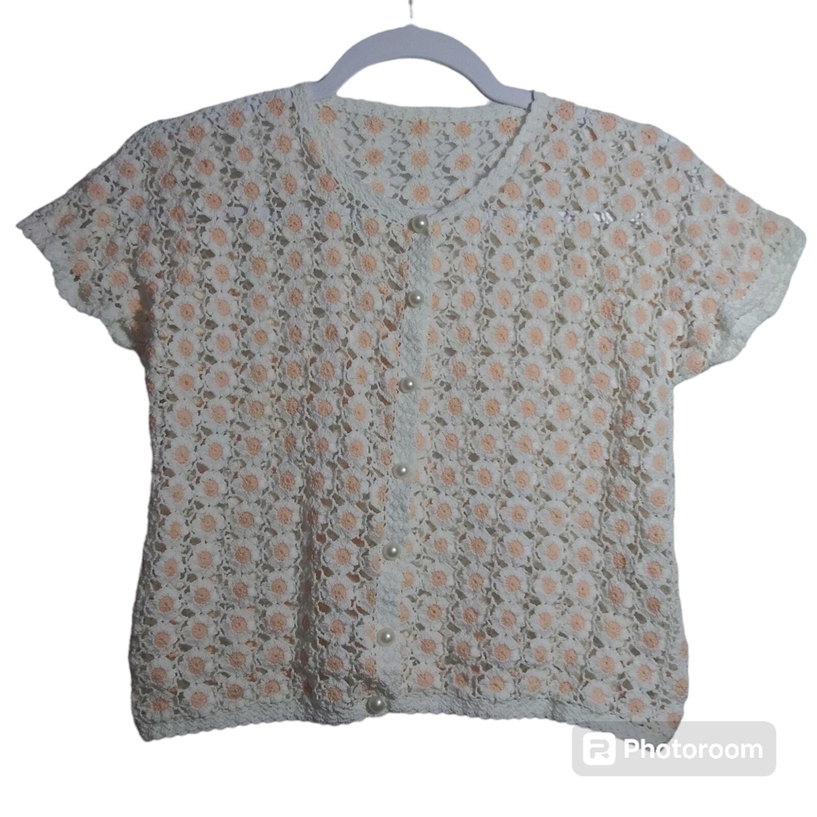 White Crochet Floral Button-Up Cardigan Size S  