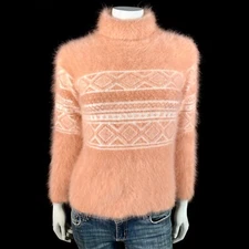 80% Angora Fuzzy Vintage Apricot  White Geometric Turtleneck Sweater 34 in bust