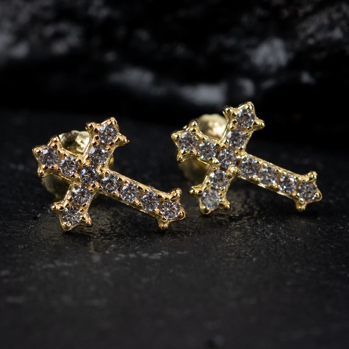 Flower Crystal Cross Baby Earrings in 14k Yellow Gold with Safety Backs