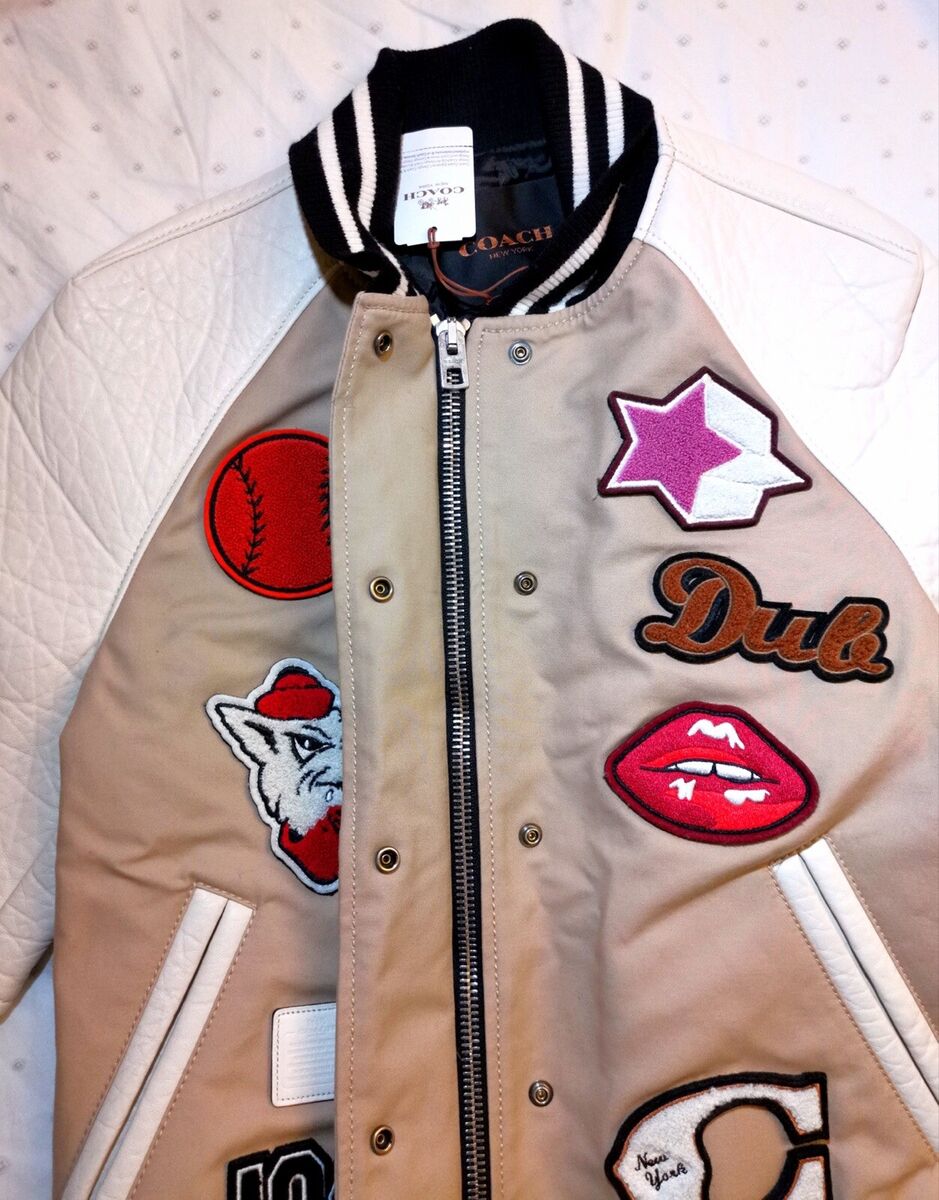 Coach Leather Cotton Varsity Jacket - Women's In Khaki/cream Coach Leather Cotton Varsity Jacket - Women's In Khaki/cream