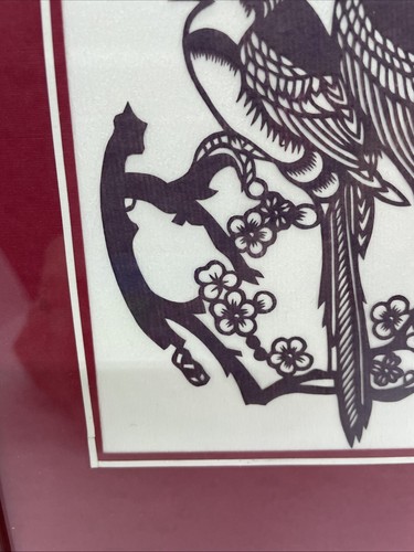 Asian Papercut Art - Two Birds Cut From Burgundy Paper - 4x4.5 - Picture 6 of 7