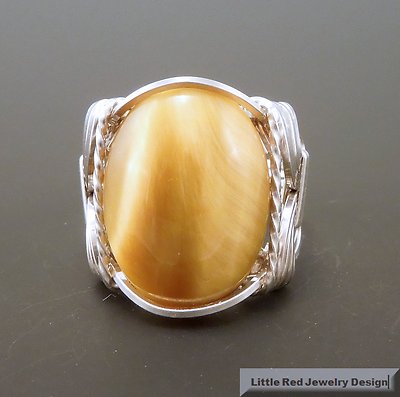 Sterling Silver Honey Tiger Eye Cabochon Wire Wrapped Ring 