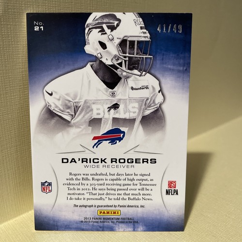 2013 Momentum Rookie Initiation Signatures #21 Da'Rick Rogers Auto 41/49 - Picture 2 of 2