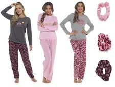 Ladies Pyjamas 3PC Set Jersey Printed PJ Nightwear 8-22 Top Bottoms & Scrunchie