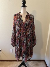 VINCE CAMUTO Women Size XL Multicolor Floral V Neck Long Sleeve A Line Dress