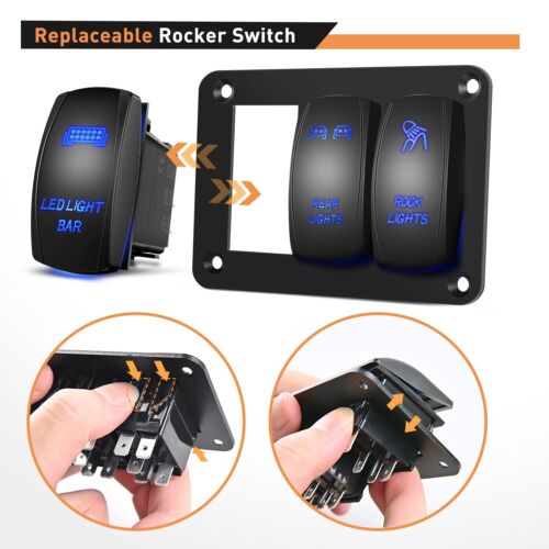 3 Gang Blue LED Waterproof Rocker Switch Panel Breakers Car Marine Boat RV 12V - Foto 2 di 7