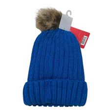 TruFit Cable Knit Winter Beanie Hat Blue One Size Fur Lined Pom Pom