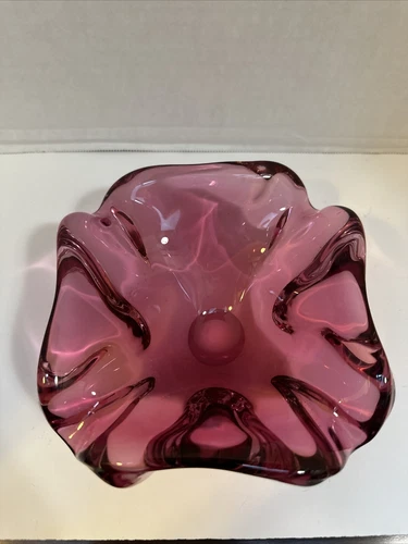 Murano Hand Blown Art Glass Bowl Rose Pink Square 6"