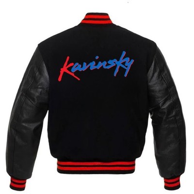 KAVINSKY ALL BLACK LETTERMAN VARISTY JACKET WITH WOOL & GENIUNE LEATHER SLEEVES