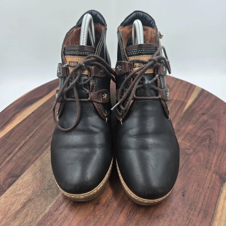 Pikolinos Zafiro Boots Womens 39 / 8.5 Black Brown Leather Platform Wedge Bootie - Image 3 of 4