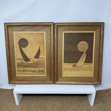 Set of 2 Vintage Inlaid Marquetry Wood Art Hand Made Sailboat MCM Wall Art 13x10
