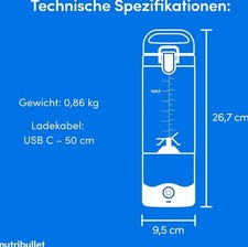 Nutribullet Leggero Frullatore Portatile, 475ml BPA Free Tritan, Mini Frullatore, Lama a 4 Punte in Acciaio Inox, Frullatore Multifunzione, Caricatore USB-C, Oltre 15 Cicli Frullatura, NBP003B, Nero - 3