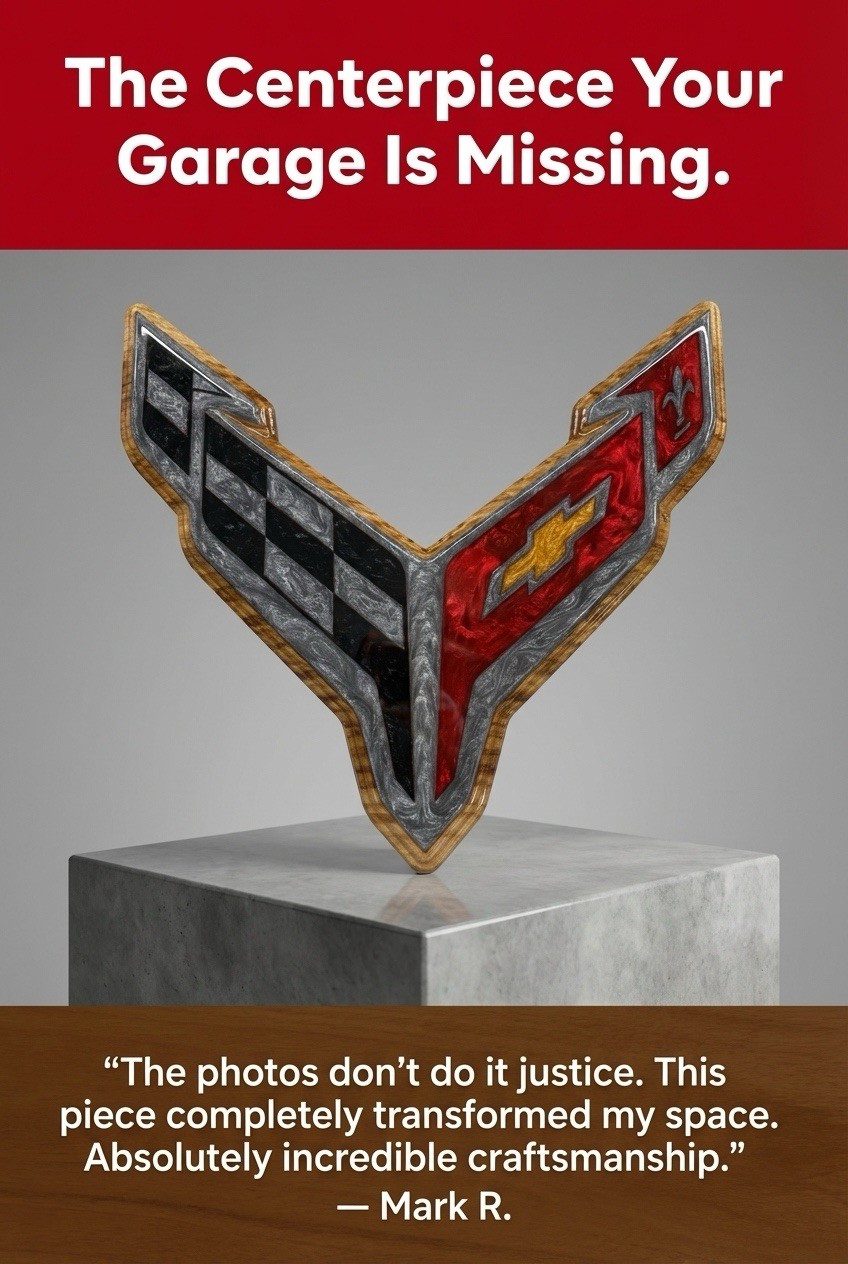 Handcrafted Corvette C8 Emblem Wall Art – Wood & Epoxy – Statement Garage Decor-image