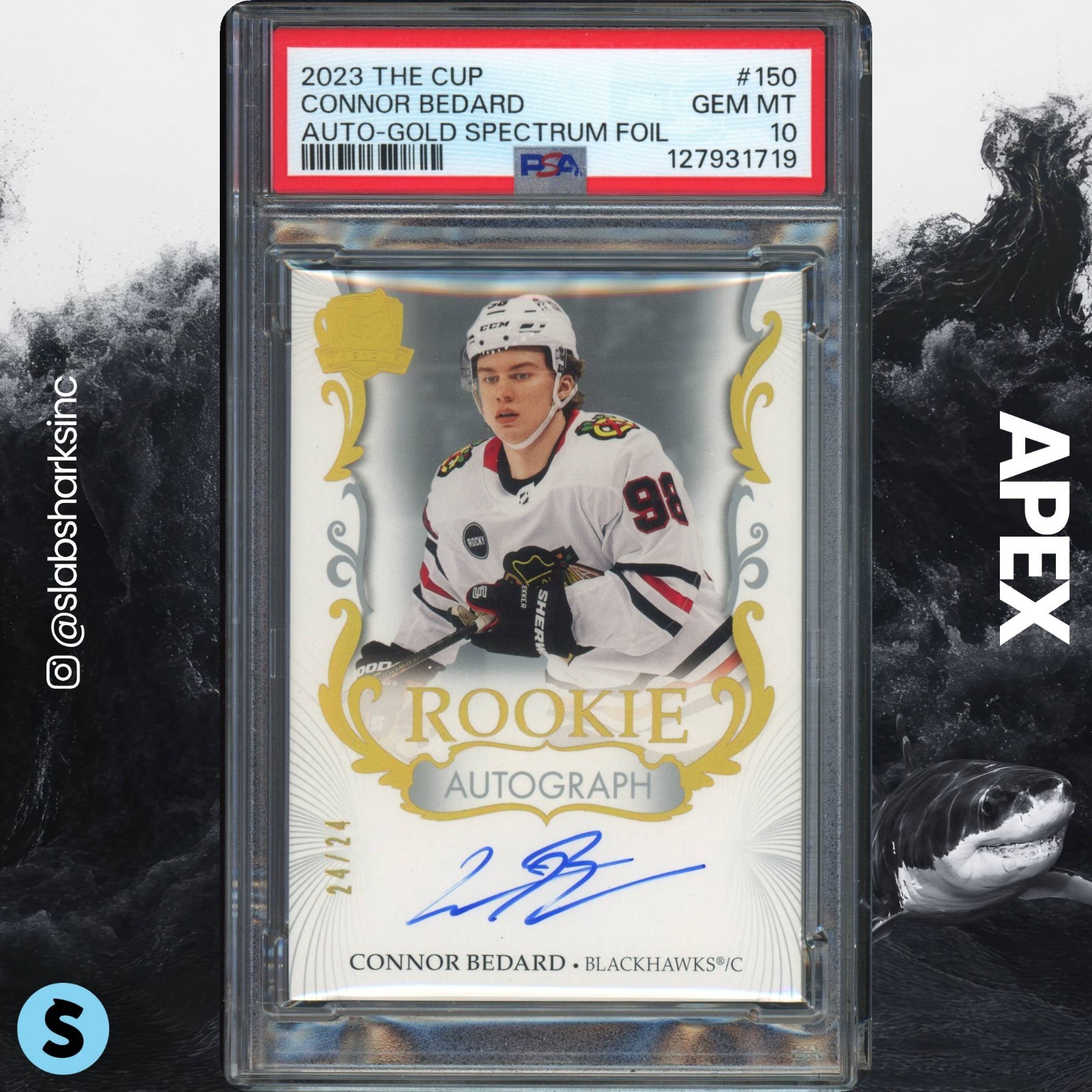 2023 THE CUP CONNOR BEDARD GOLD SPECTRUM FOIL ROOKIE AUTO RC /24 PSA 10 POP 1