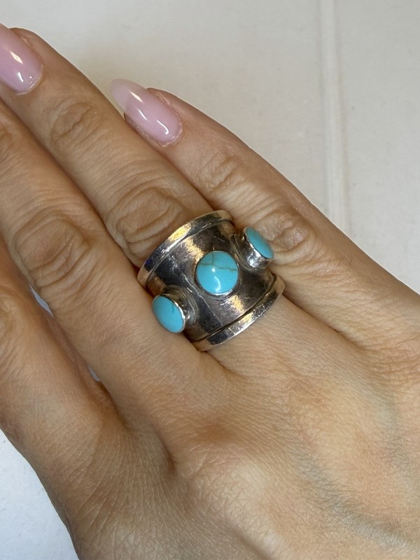 925 Sterling Silver Vintage Turquoise Wide Band Ring Sz6 Marked “Mexico 925 HOB”