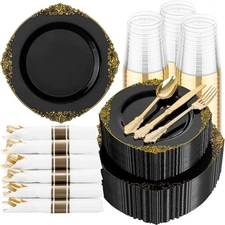 350pcs Black and Gold Plastic Plates - Diposable Dinnerware Set Suitable for ...
