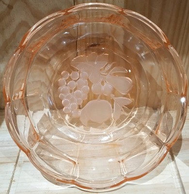 30er Jahre Art Deco Val Saint Lambert Rose rosa Kristall Obst Muster Schale 20,7 cm
